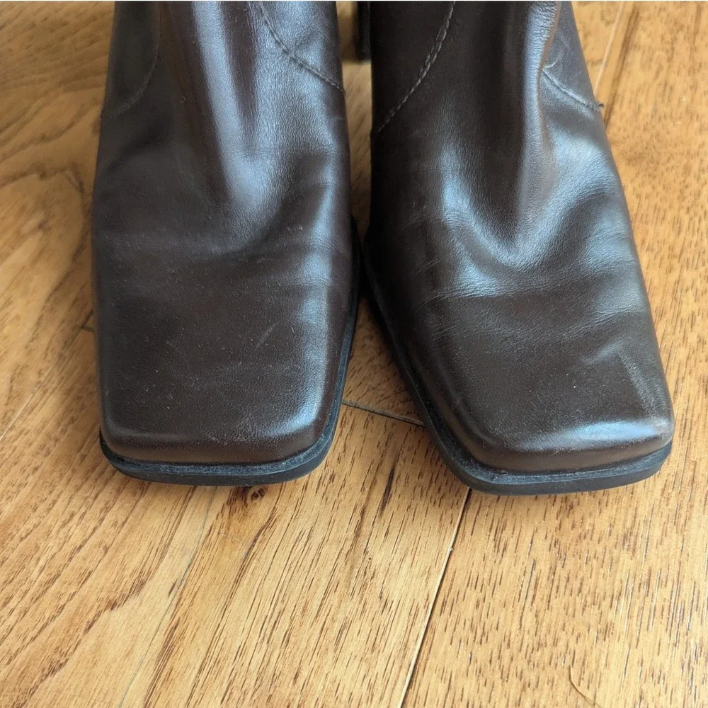 Vtg 90s Ankle Boots Brown Leather Square Toe Block Heel 7M Classic Versatile